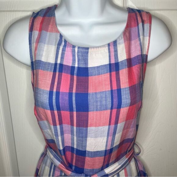 Joules Pink Blue Plaid Fiona Midi Dress Cotton Sleeveless Tie Waist 6 - Picture 3 of 11